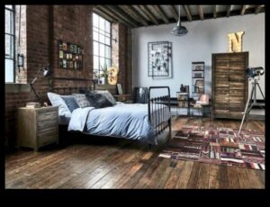 Idei de decor industrial de epocă pentru dormitor cu accente de fabrică